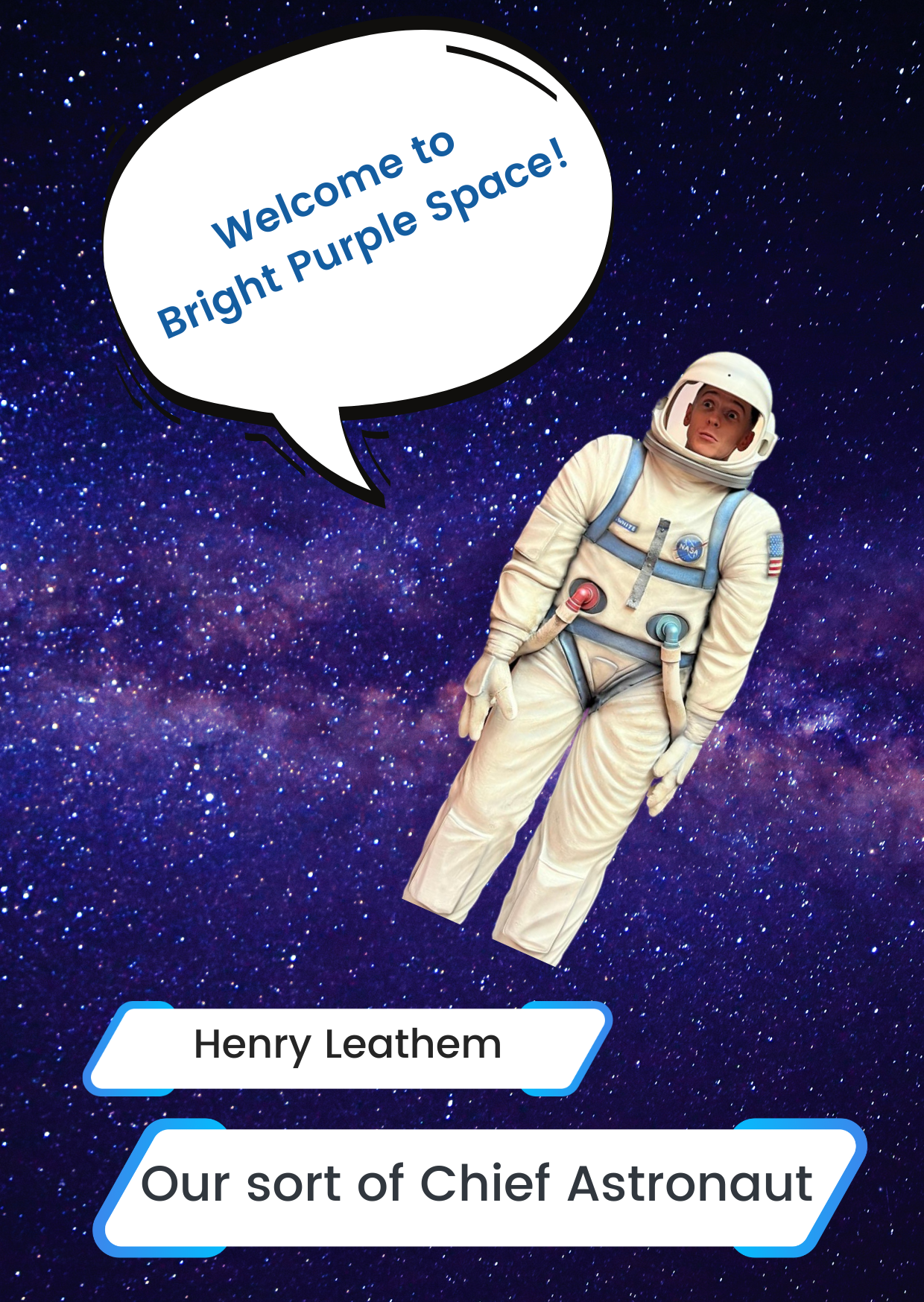 Henry Leathem in a spacesuit against a background of a photo of a galaxy