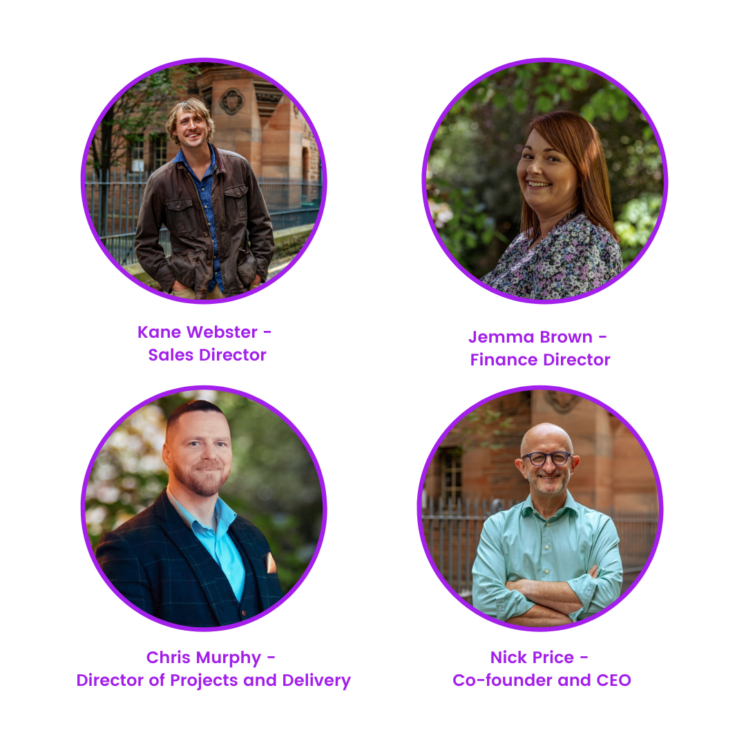 Portrait pictures of our four directors: Kane Webster - Sales Director, Jemma Brown - Finance Director, Chris Murphy - Director of Projects and Delivery, Nick Price - Co-founder and CEO